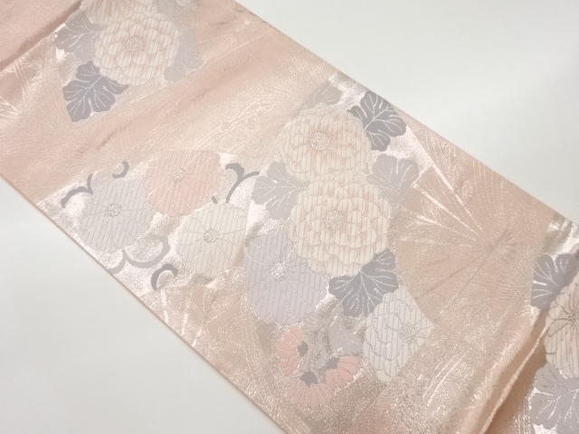 扇子に草花模様織出し袋帯